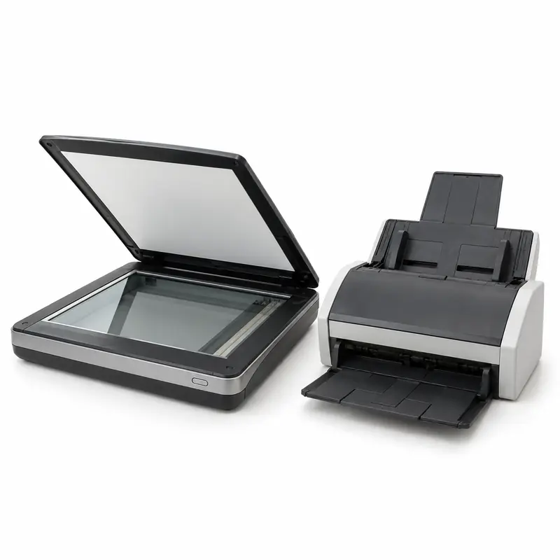 Old flatbed and document scanners prepared for e-waste pickup evaluation