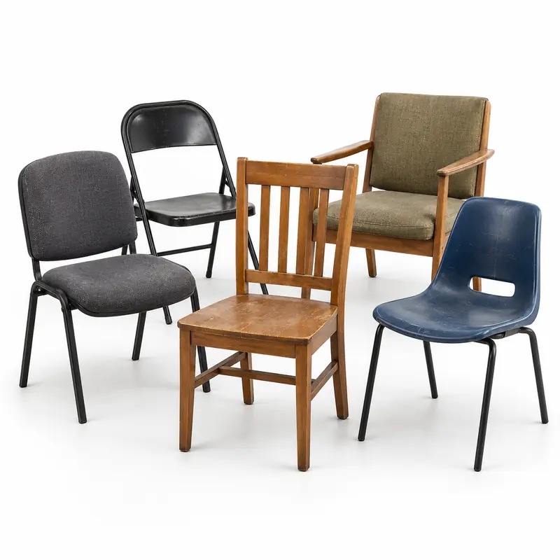 Chairs arranged safely for scrap, reuse or recycling pickup evaluation