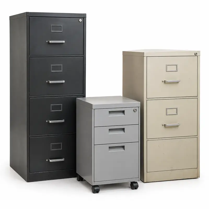 Filing Cabinets arranged safely for scrap, reuse or recycling pickup evaluation