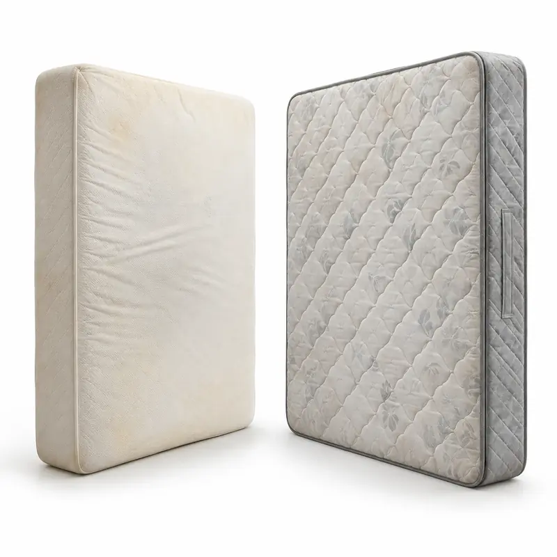 Mattresses arranged safely for scrap, reuse or recycling pickup evaluation
