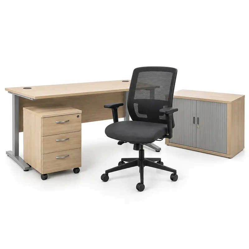 Office Furniture Sets arranged safely for scrap, reuse or recycling pickup evaluation
