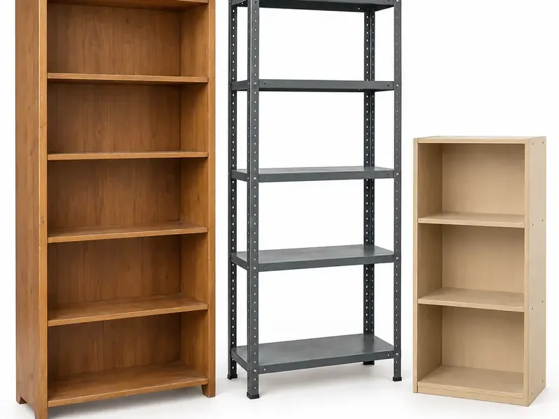 Bookshelves sorted and prepared for furniture scrap pickup evaluation