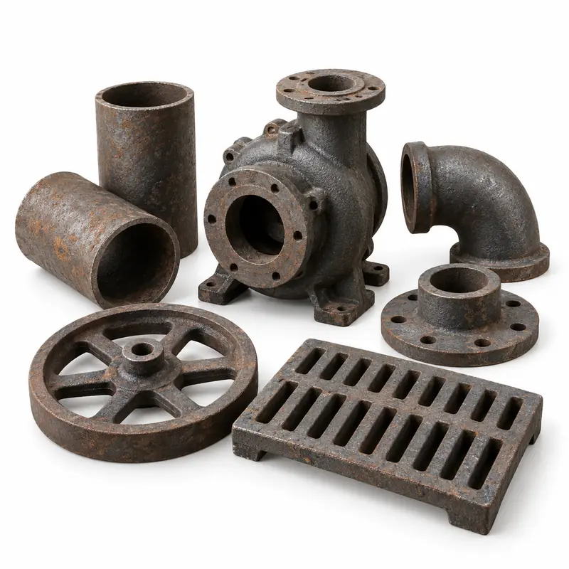 Cast iron pipe fittings, machine housings and heavy cast components prepared for evaluation
