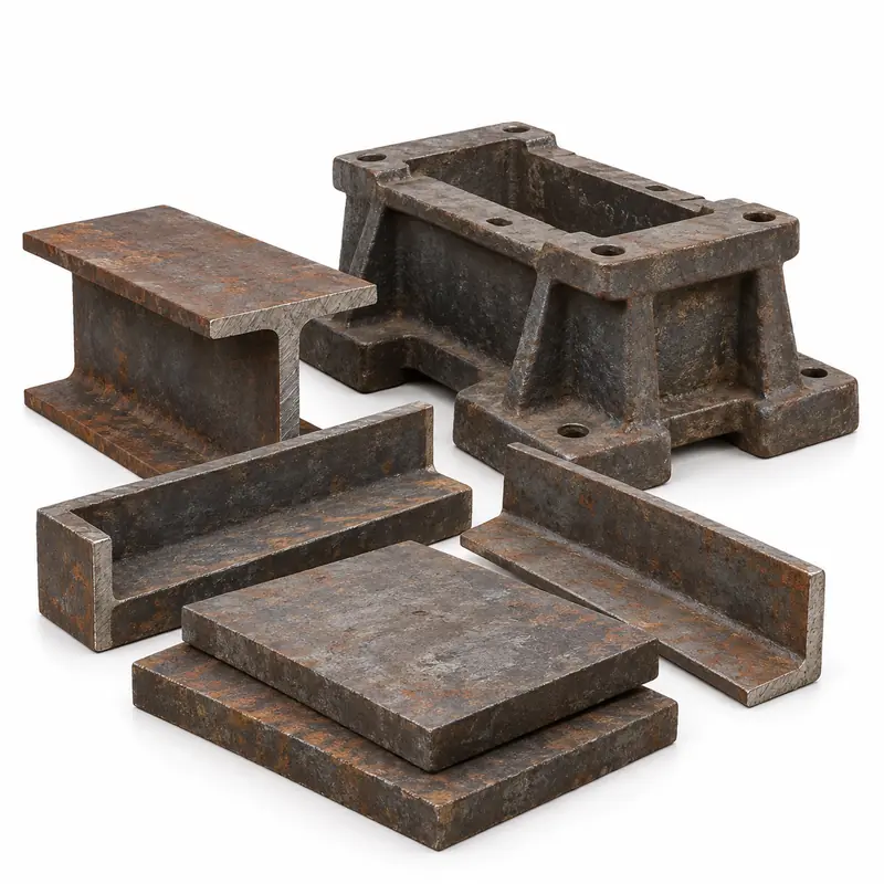 Heavy iron beam, plate and structural offcuts arranged for scrap evaluation
