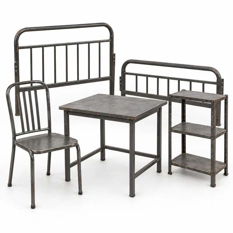 Used iron chair, table, rack and bed-frame sections prepared for pickup evaluation