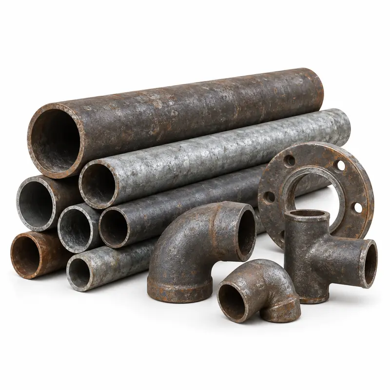 Iron pipe and tube sections with fittings sorted for scrap pickup evaluation
