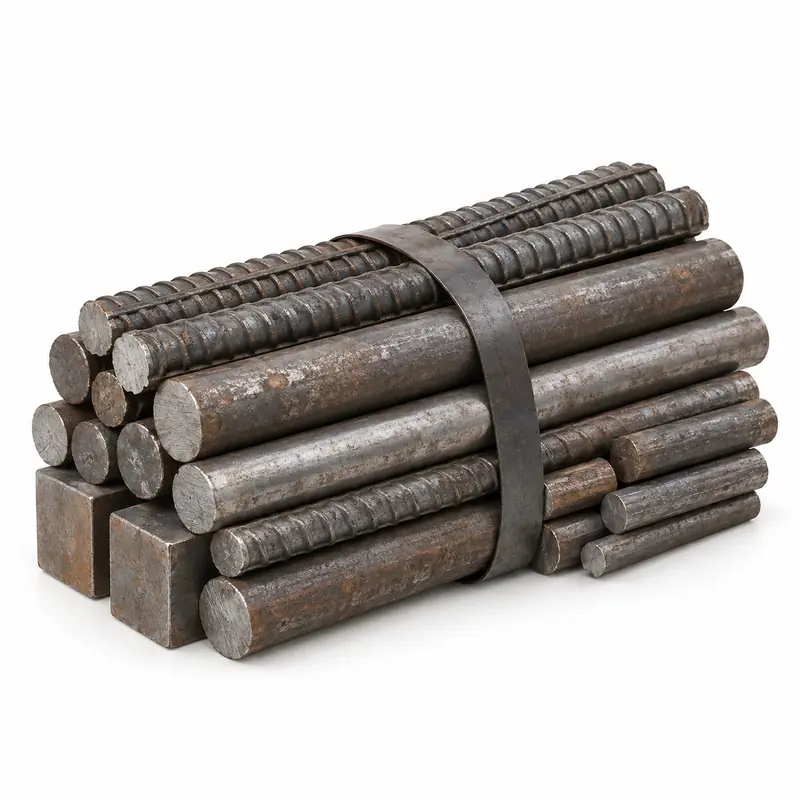 Bundled rebar, round bars and iron rod offcuts prepared for scrap evaluation