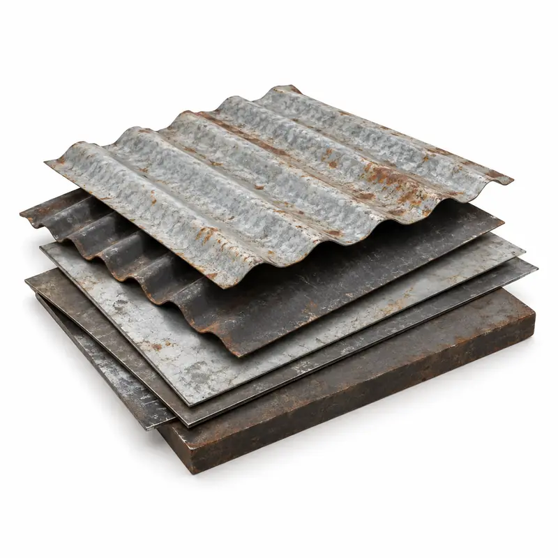 Flat and corrugated iron sheet offcuts stacked safely for scrap evaluation