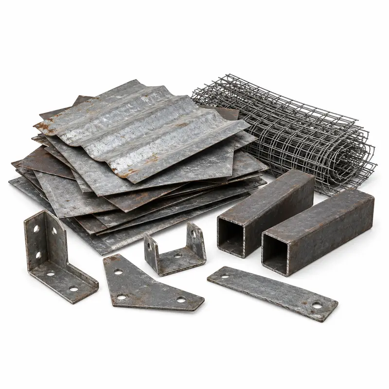 Sorted thin-gauge iron sheets, mesh and light metal offcuts prepared for scrap pickup evaluation