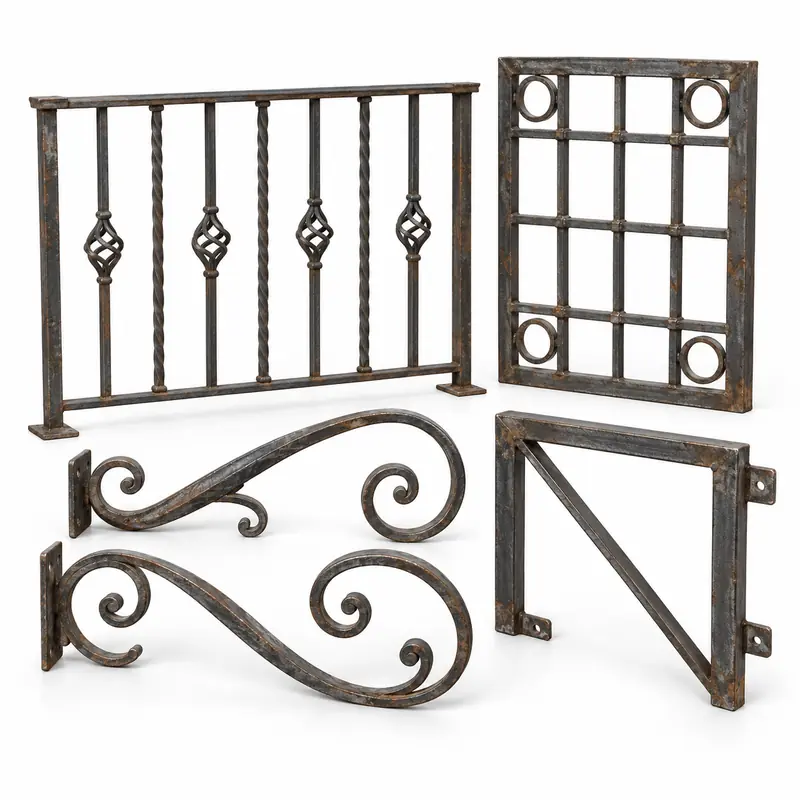 Decorative iron grille, railing and scrollwork sections prepared for pickup assessment