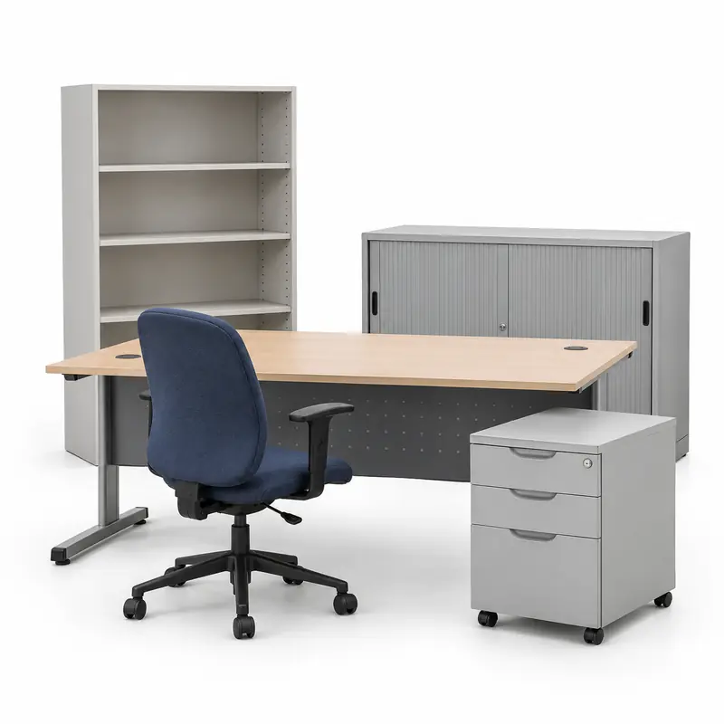 Office Furniture arranged safely for scrap, reuse or recycling pickup evaluation