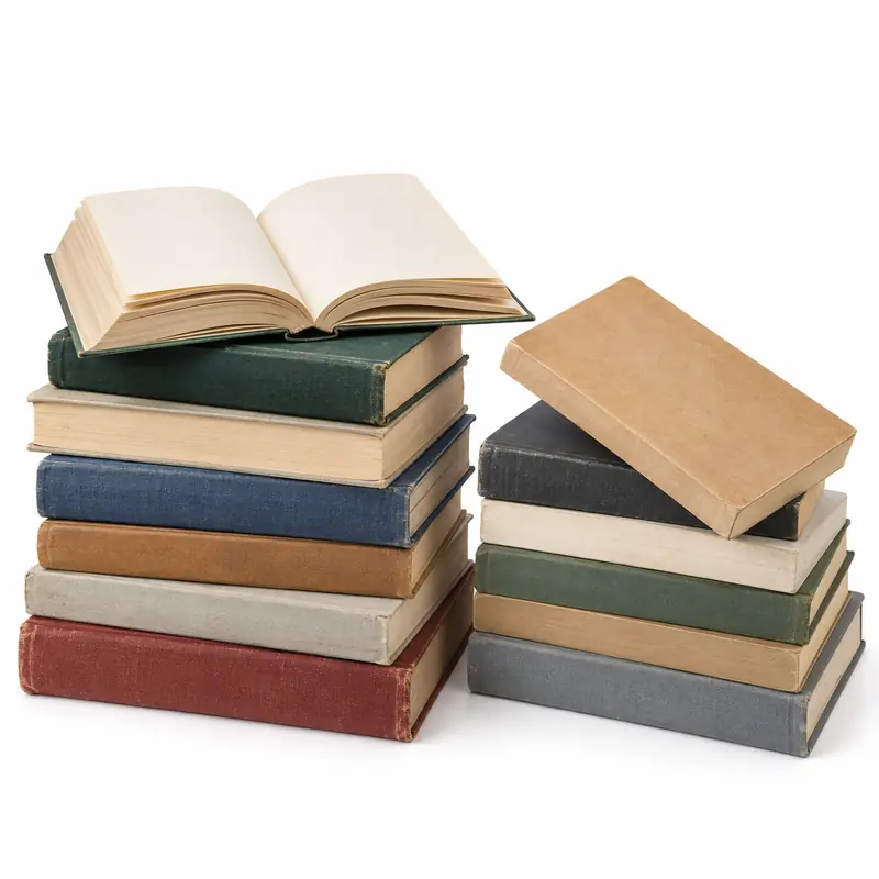 Assorted used hardcover and paperback books with blank covers prepared for evaluation