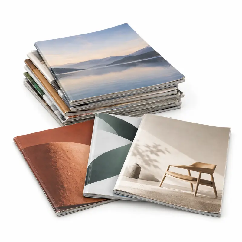 Stacked generic old magazines with unbranded covers prepared for paper scrap evaluation