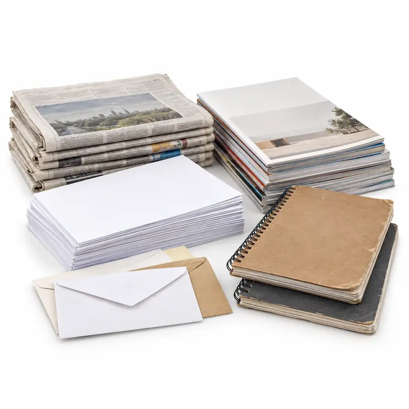 Sorted assortment of newspapers, office sheets, magazines and notebooks for recycling