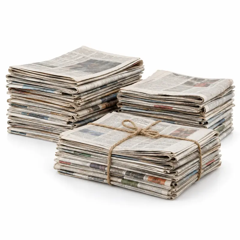 Neatly stacked old newspapers tied in bundles for paper scrap pickup evaluation