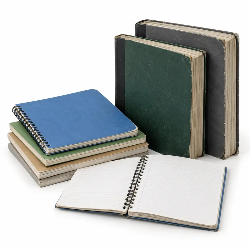 Used spiral notebooks and bound registers with blank covers prepared for paper pickup