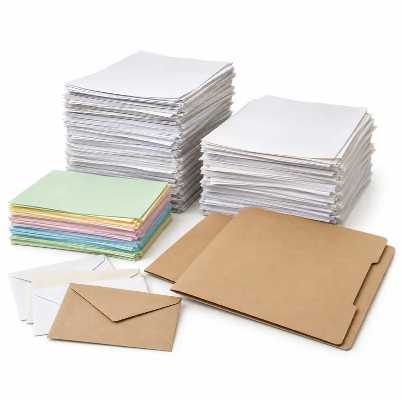 Sorted stacks of clean used office paper and plain folders prepared for recycling