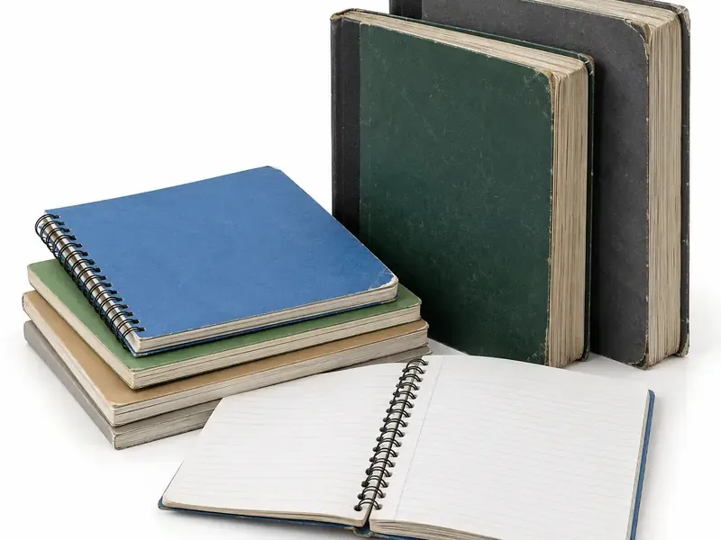 Notebooks and Registers sorted and prepared for paper scrap pickup evaluation