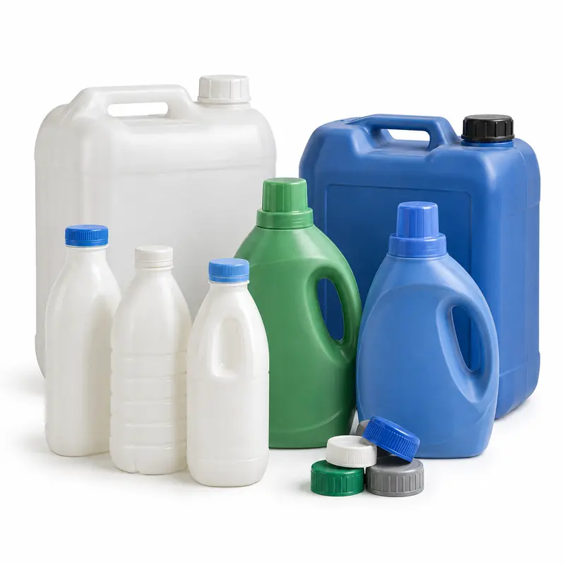 Clean opaque HDPE bottles and jerry cans sorted for plastic scrap evaluation
