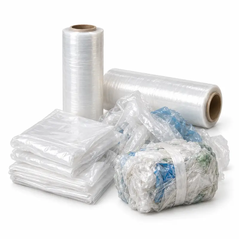 Clean transparent LDPE film, bags and stretch wrap sorted for recycling pickup
