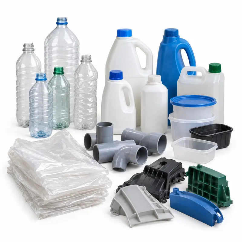 Sorted groups of bottles, film, containers, pipes and rigid mixed plastic