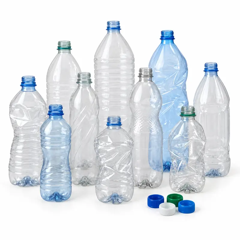 Sorted clear and light-coloured PET beverage bottles prepared for recycling pickup