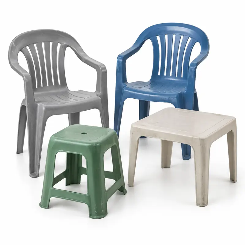 Used unbranded plastic chairs, stool and small table prepared for pickup evaluation