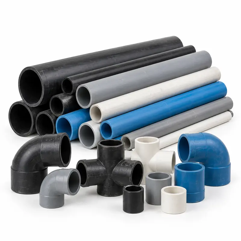 Sorted plastic pipe sections and fittings in several unbranded resin types
