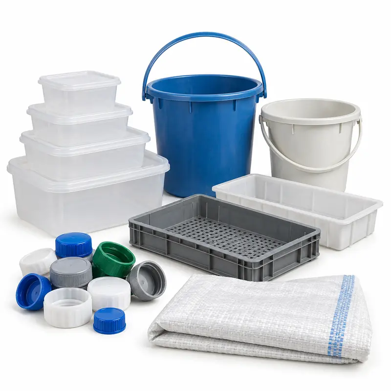 Clean polypropylene tubs, caps and moulded PP items sorted for scrap evaluation