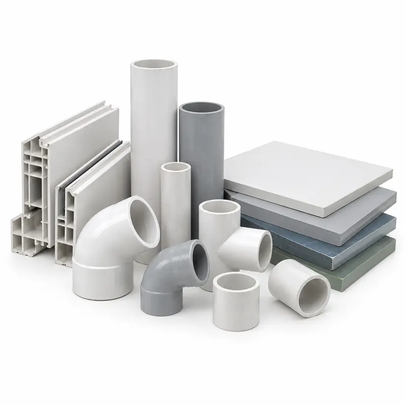 Clean rigid PVC pipe offcuts, fittings and profiles sorted for plastic evaluation