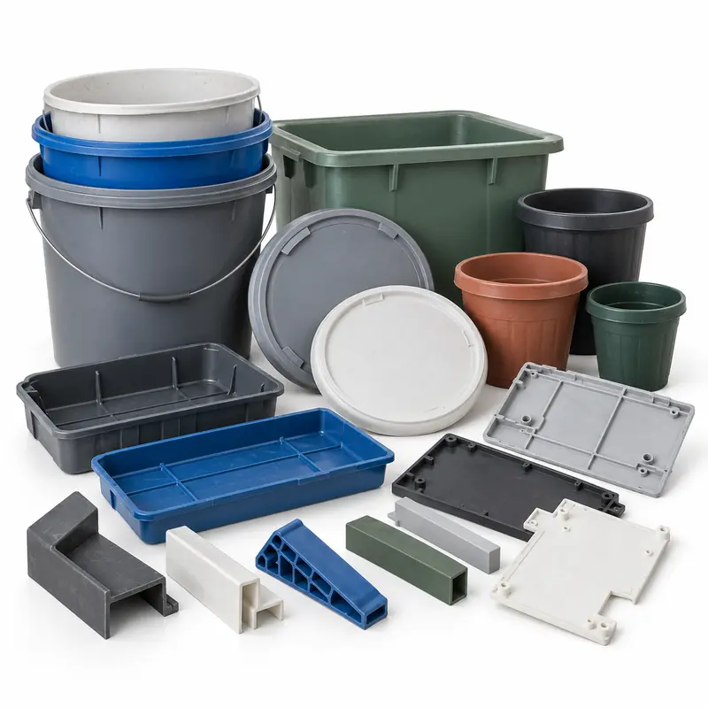 Assorted clean rigid plastic household and moulded parts sorted for evaluation